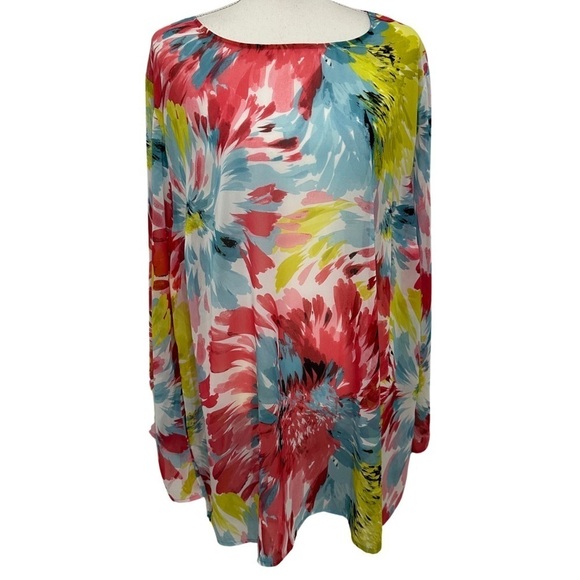 Susan Graver Flowy Sheer Floral Top Wide Cut Out Sleeves Multicolor Size 3X GUC - Picture 1 of 6